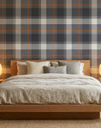 Stone Grid modern grey plaid wallpaper adding character to a cozy bedroom