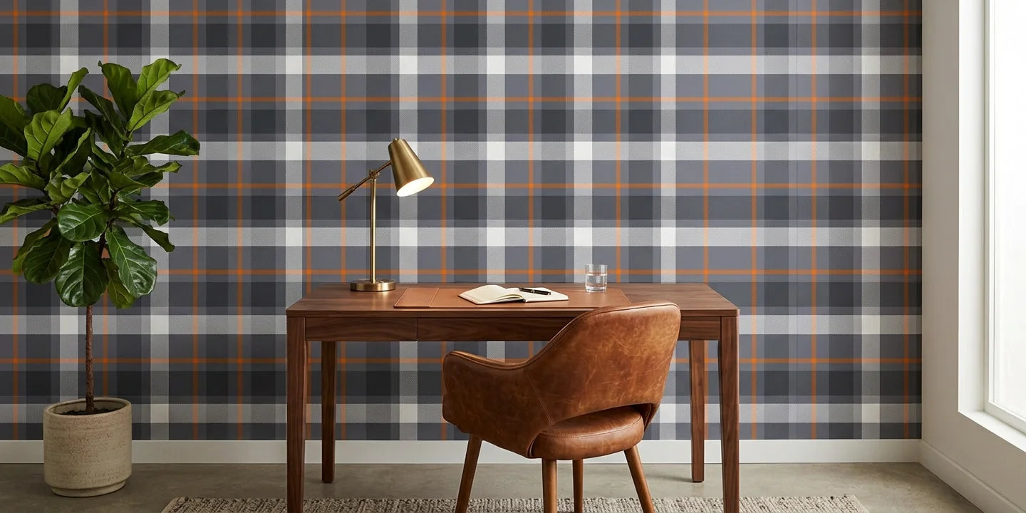 Stone Grid modern grey plaid wallpaper as a feature wall in a bright home office