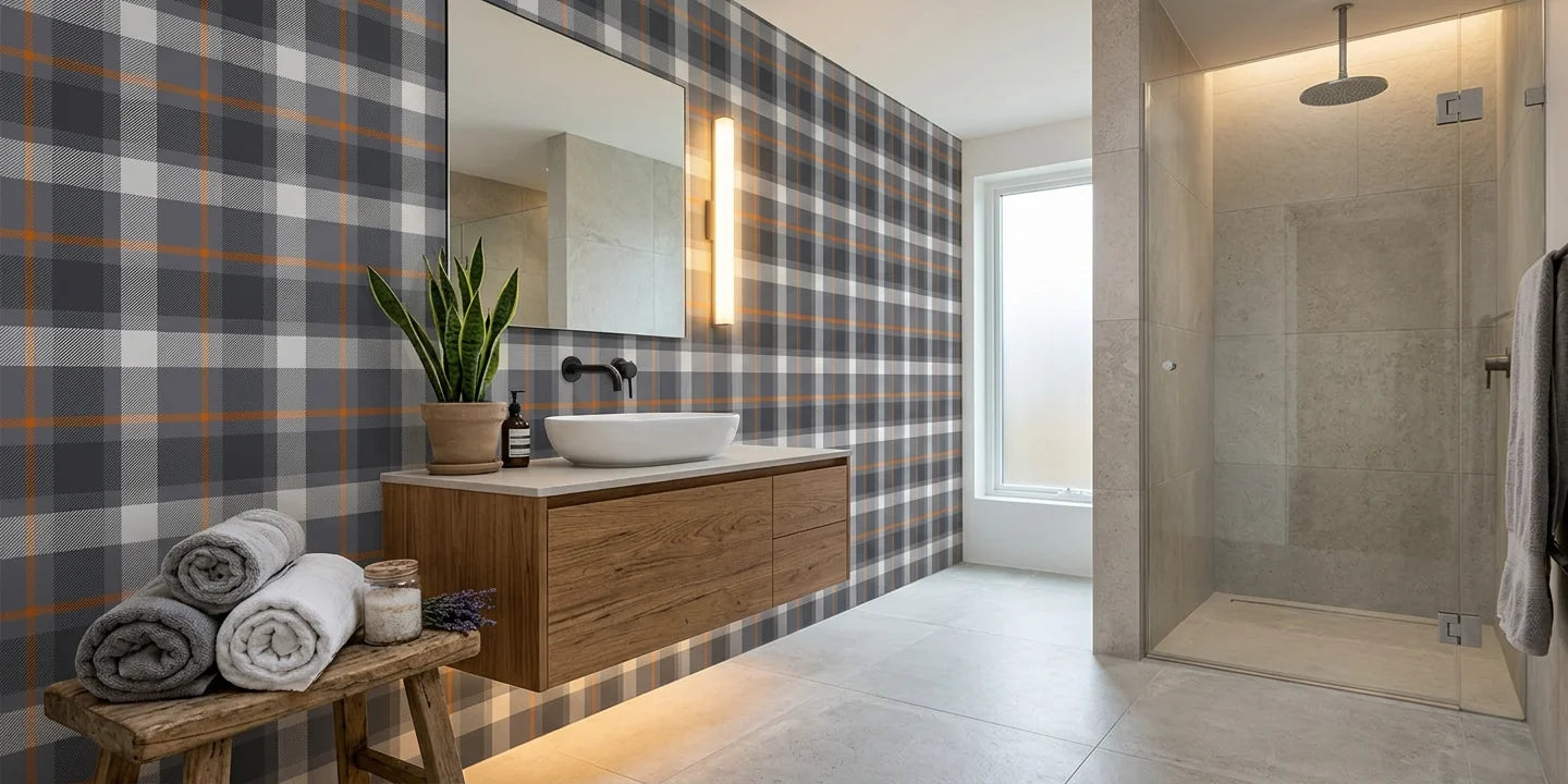 Stone Grid modern grey plaid wallpaper creating ambiance in a serene bathroom