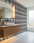 Stone Grid modern grey plaid wallpaper creating ambiance in a serene bathroom