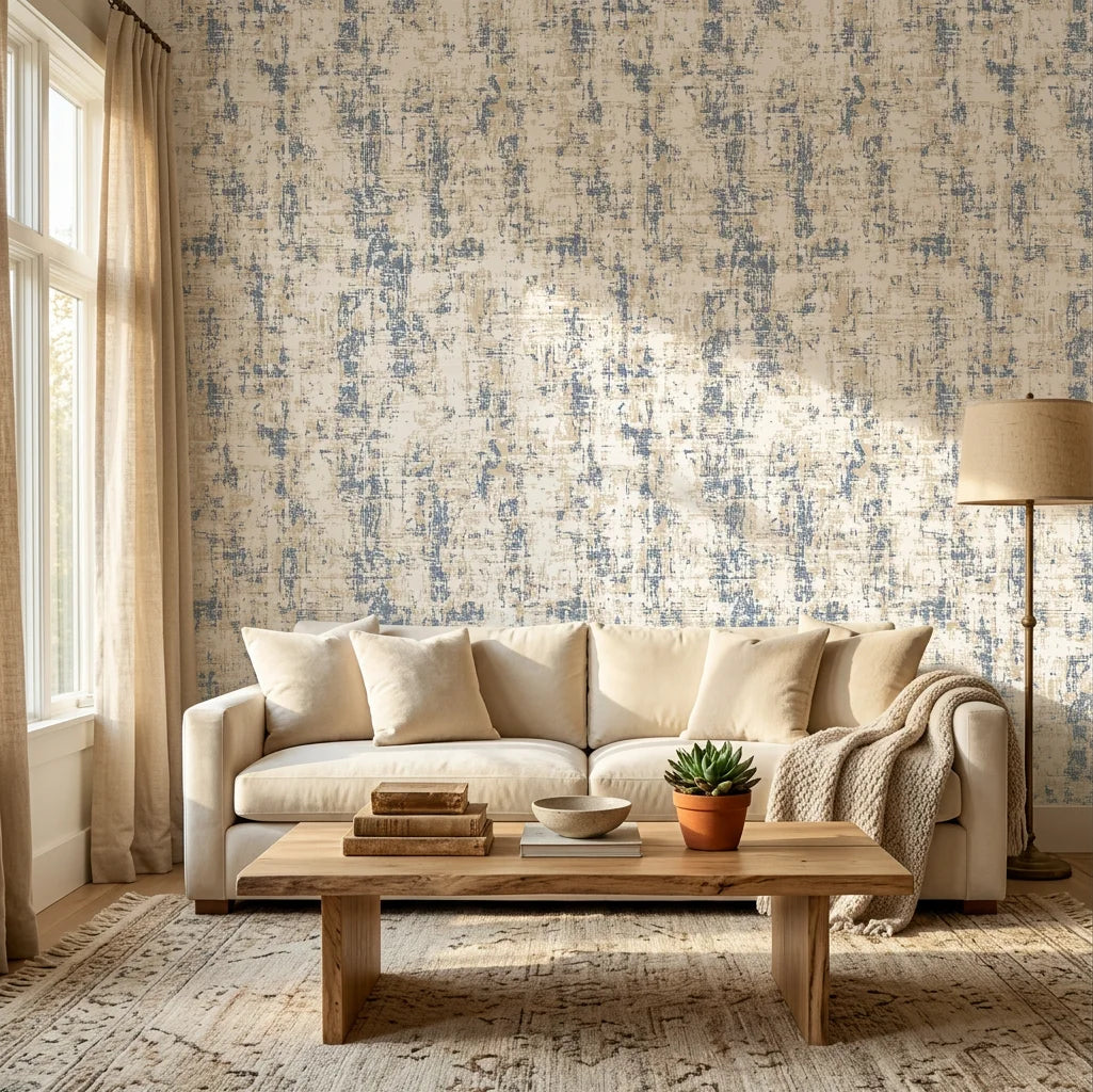 Stone & Sky soft neutral stone inspired texture wallpaper in a warm and inviting living room