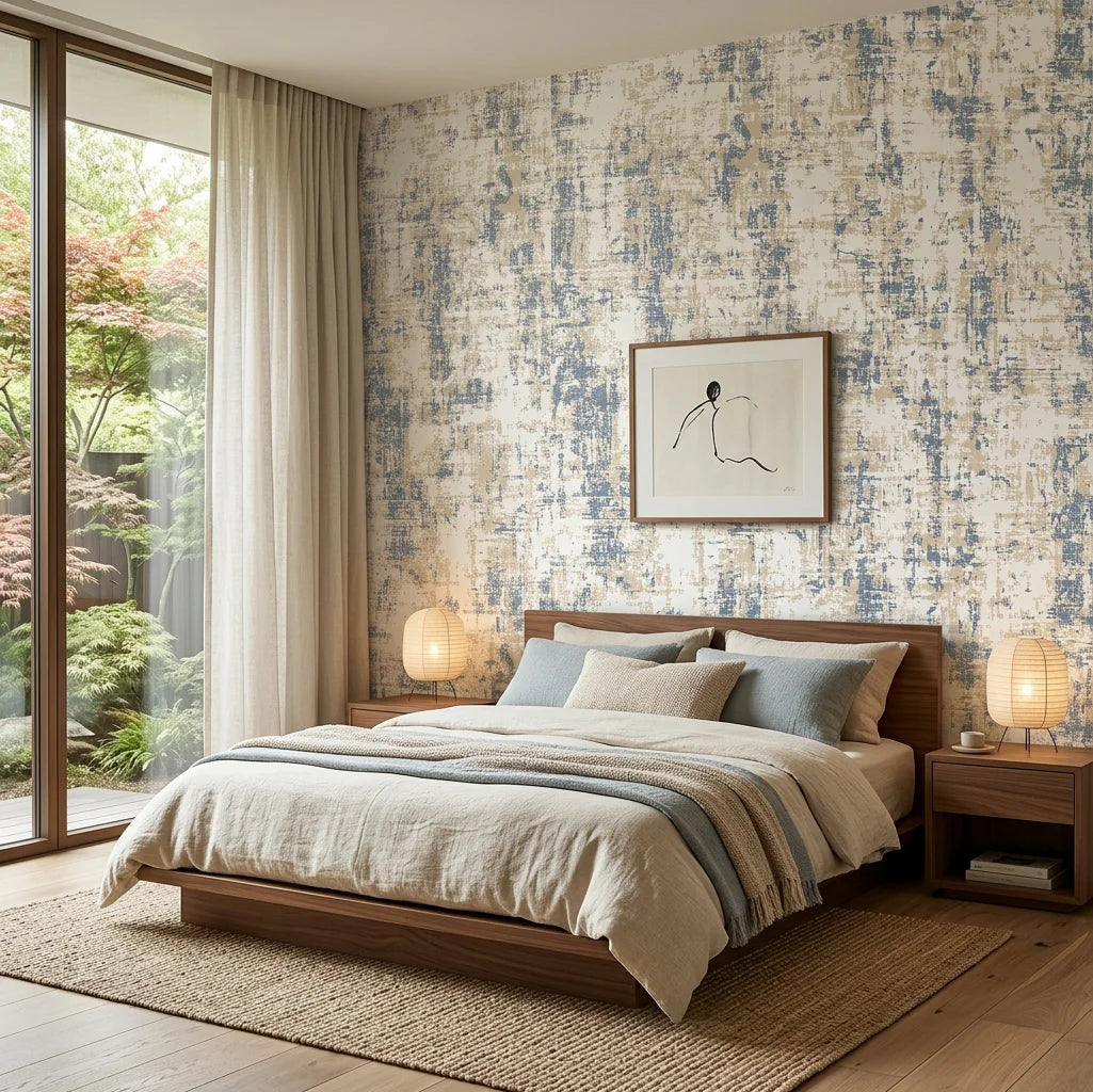 Stone & Sky soft neutral stone inspired texture wallpaper adding character to a cozy bedroom