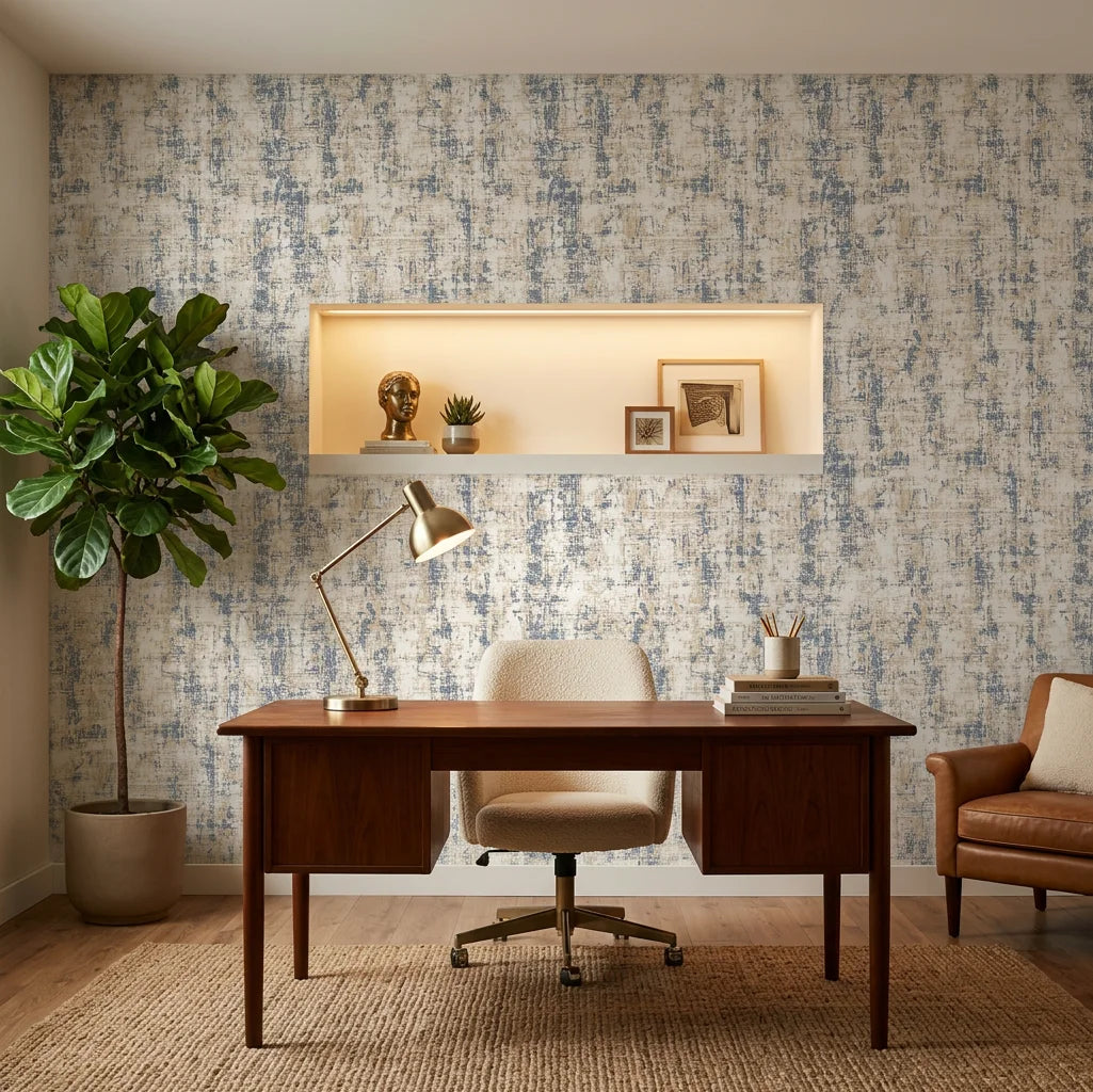 Stone & Sky soft neutral stone inspired texture wallpaper as a feature wall in a bright home office