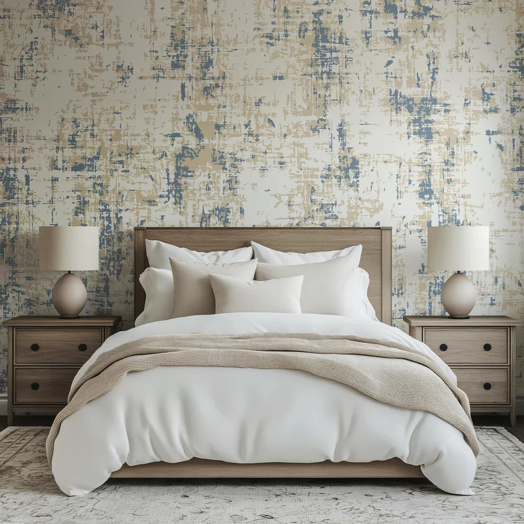 Custom wallpaper from Stone & Sky featuring a muted stone texture, installed seamlessly on the wall