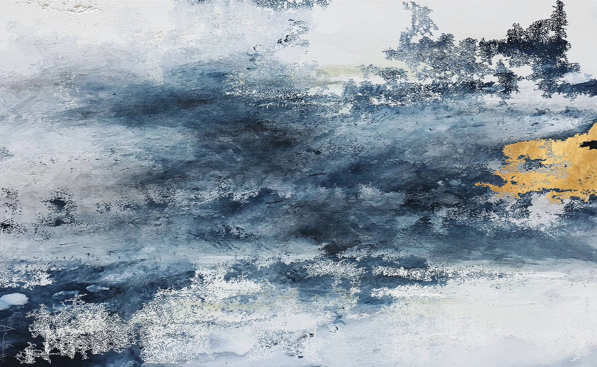 Storm Break dramatic navy abstract wallpaper creating ambiance in a serene bathroom