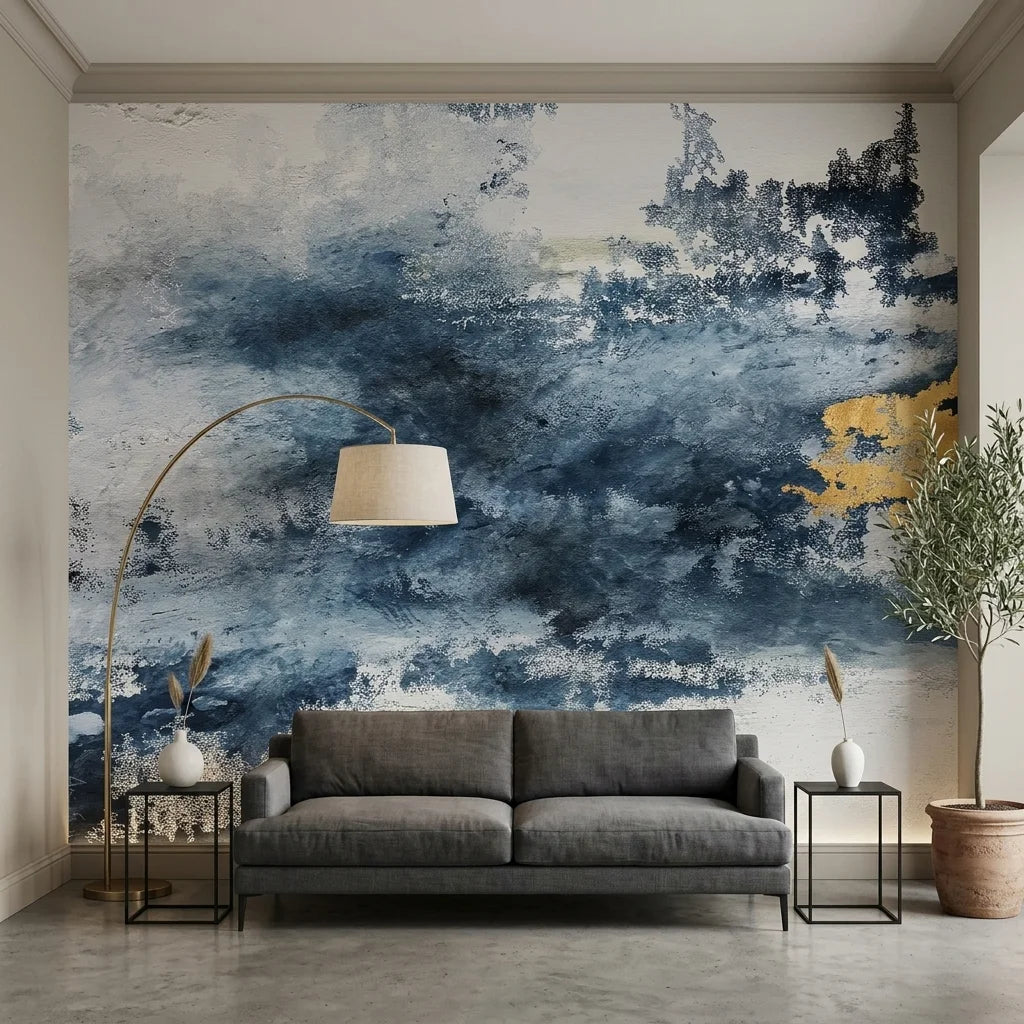 Textured navy and gold abstract stormy brushstroke peel and stick wallpaper - Storm Break