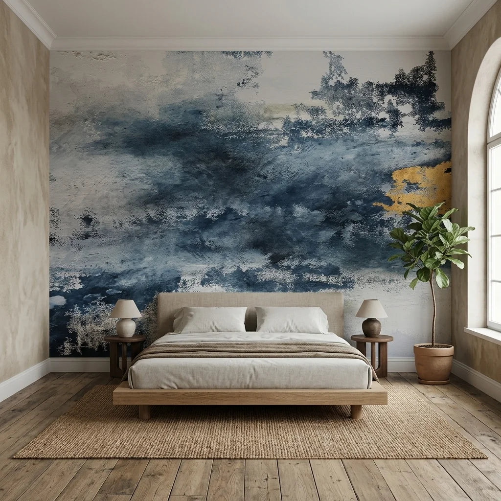Storm Break dramatic navy abstract wallpaper in a warm and inviting living room