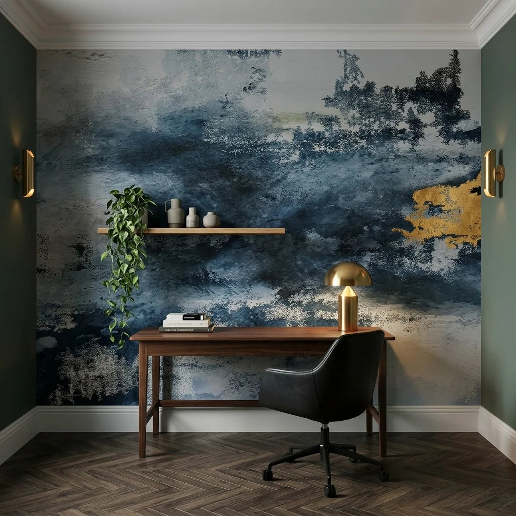Storm Break dramatic navy abstract wallpaper adding character to a cozy bedroom