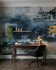 Storm Break dramatic navy abstract wallpaper adding character to a cozy bedroom