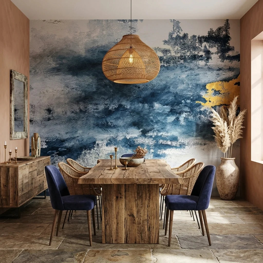 Storm Break dramatic navy abstract wallpaper as a feature wall in a bright home office