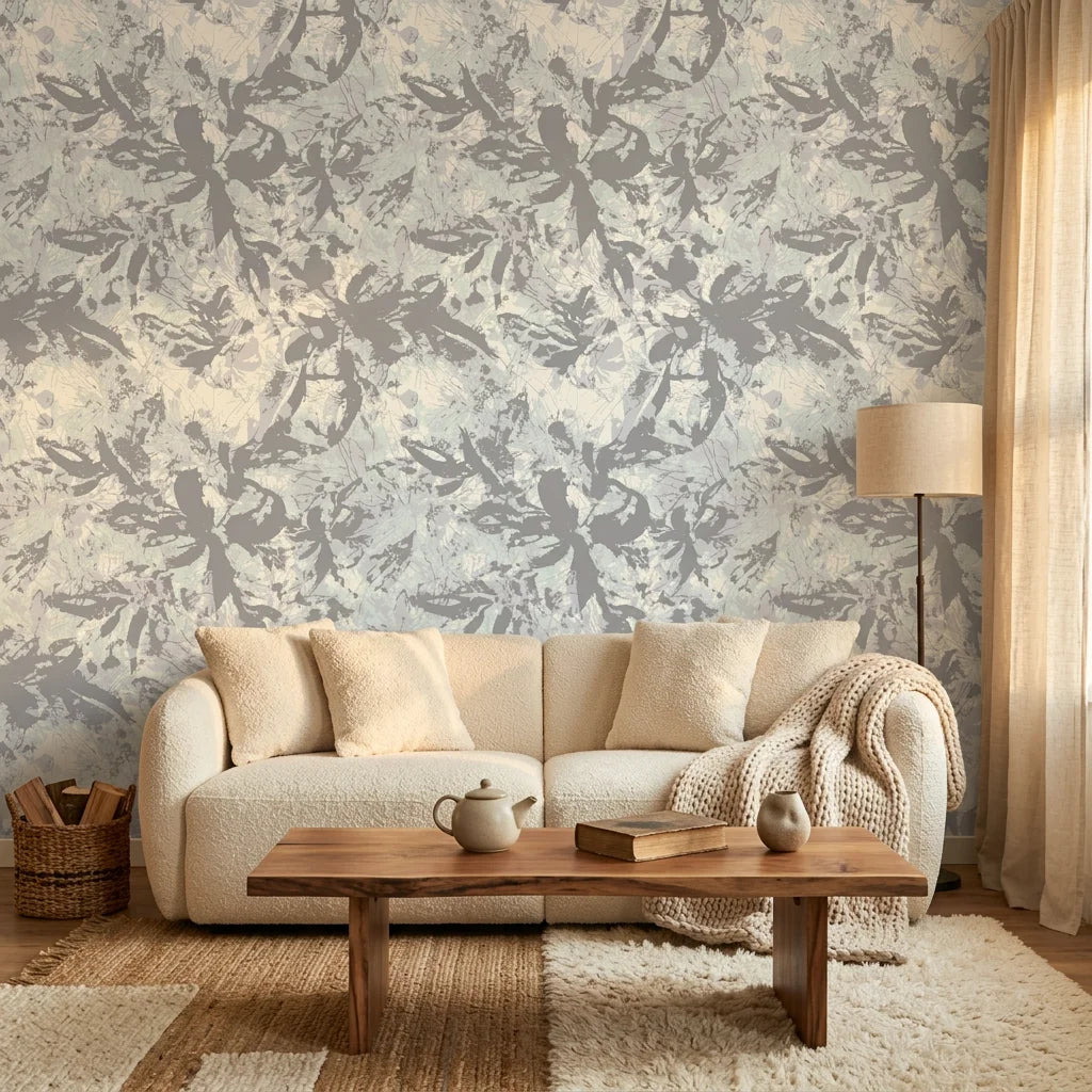 Matte grey expressive brushstroke botanical peel and stick wallpaper - Storm Garden