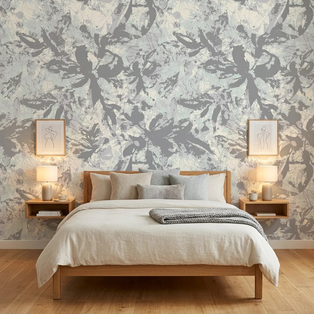 Matte grey expressive brushstroke botanical peel and stick wallpaper - Storm Garden in a warm living room