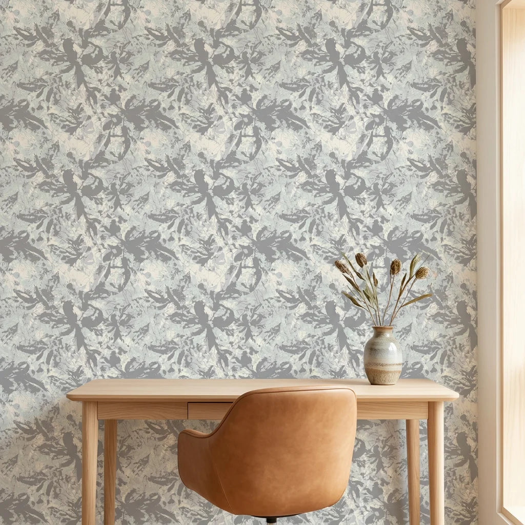 Matte grey expressive brushstroke botanical peel and stick wallpaper - Storm Garden adding character to a bedroom