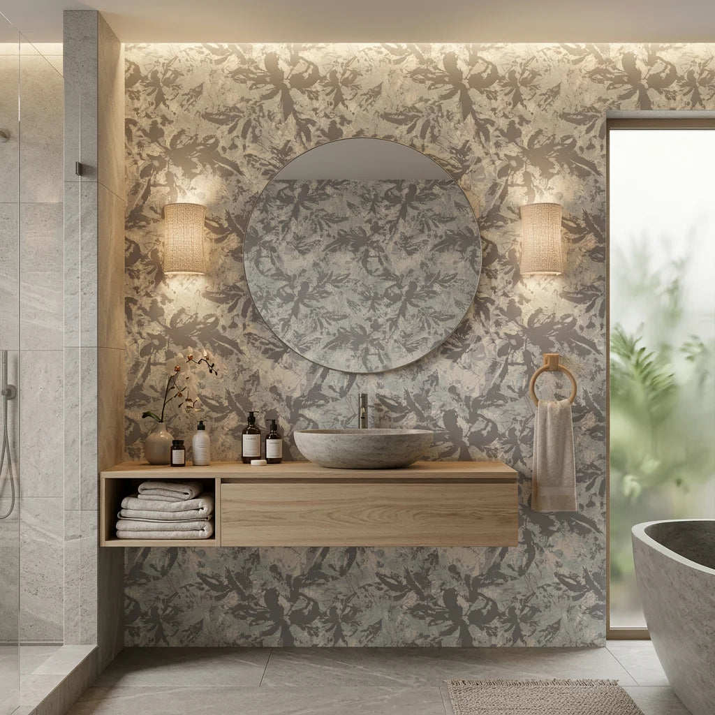 Matte grey expressive brushstroke botanical peel and stick wallpaper - Storm Garden as a feature wall in an office