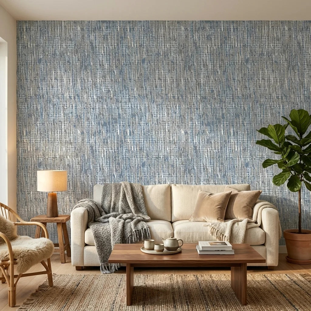 Storm Weave blue and grey abstract wallpaper in a warm and inviting living room