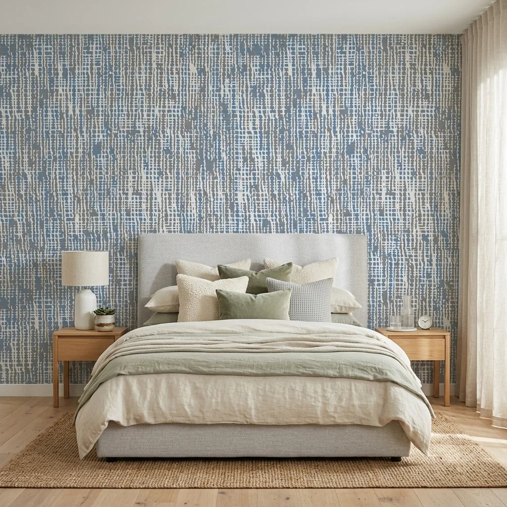 Storm Weave blue and grey abstract wallpaper adding character to a cozy bedroom