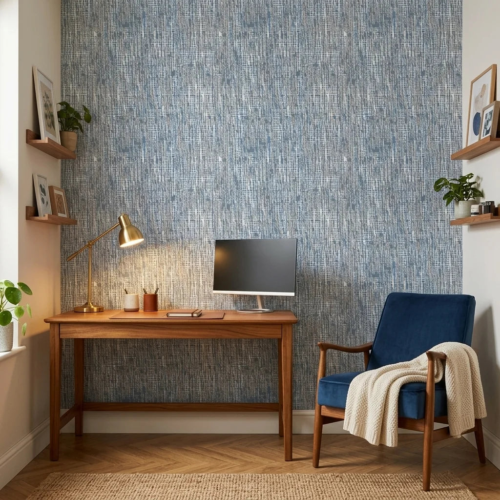 Storm Weave blue and grey abstract wallpaper as a feature wall in a bright home office