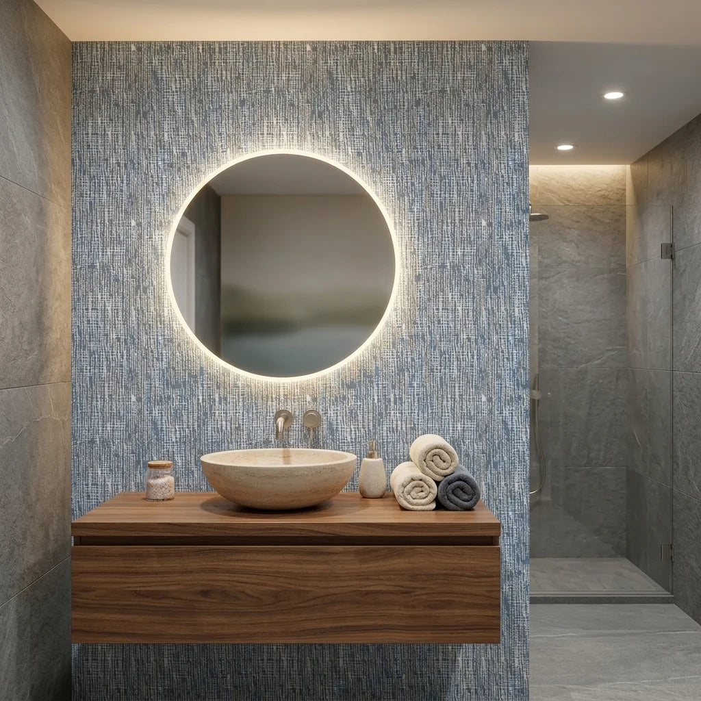 Storm Weave blue and grey abstract wallpaper creating ambiance in a serene bathroom