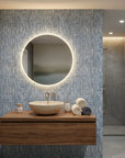 Storm Weave blue and grey abstract wallpaper creating ambiance in a serene bathroom