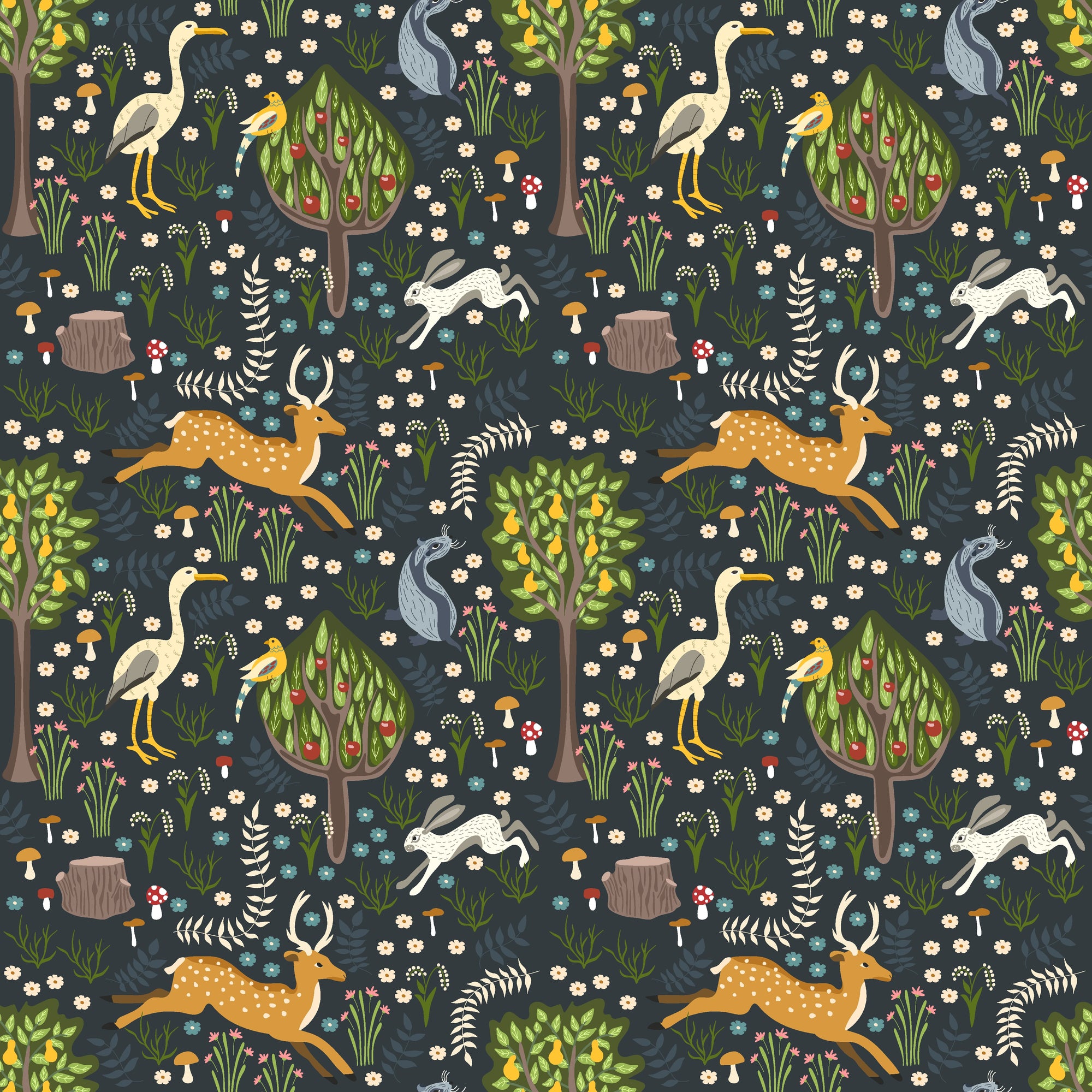 Matte navy folk woodland animal peel and stick wallpaper - Storybook Forest