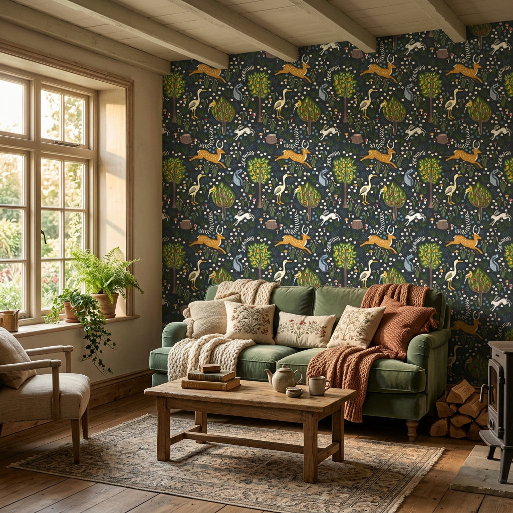 Storybook Forest navy folk woodland wallpaper in a warm and inviting living room