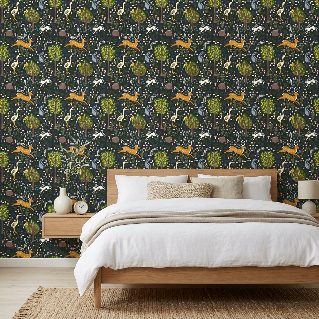 Storybook Forest navy folk woodland wallpaper adding character to a cozy bedroom