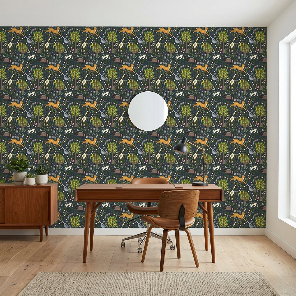 Storybook Forest navy folk woodland wallpaper as a feature wall in a bright home office