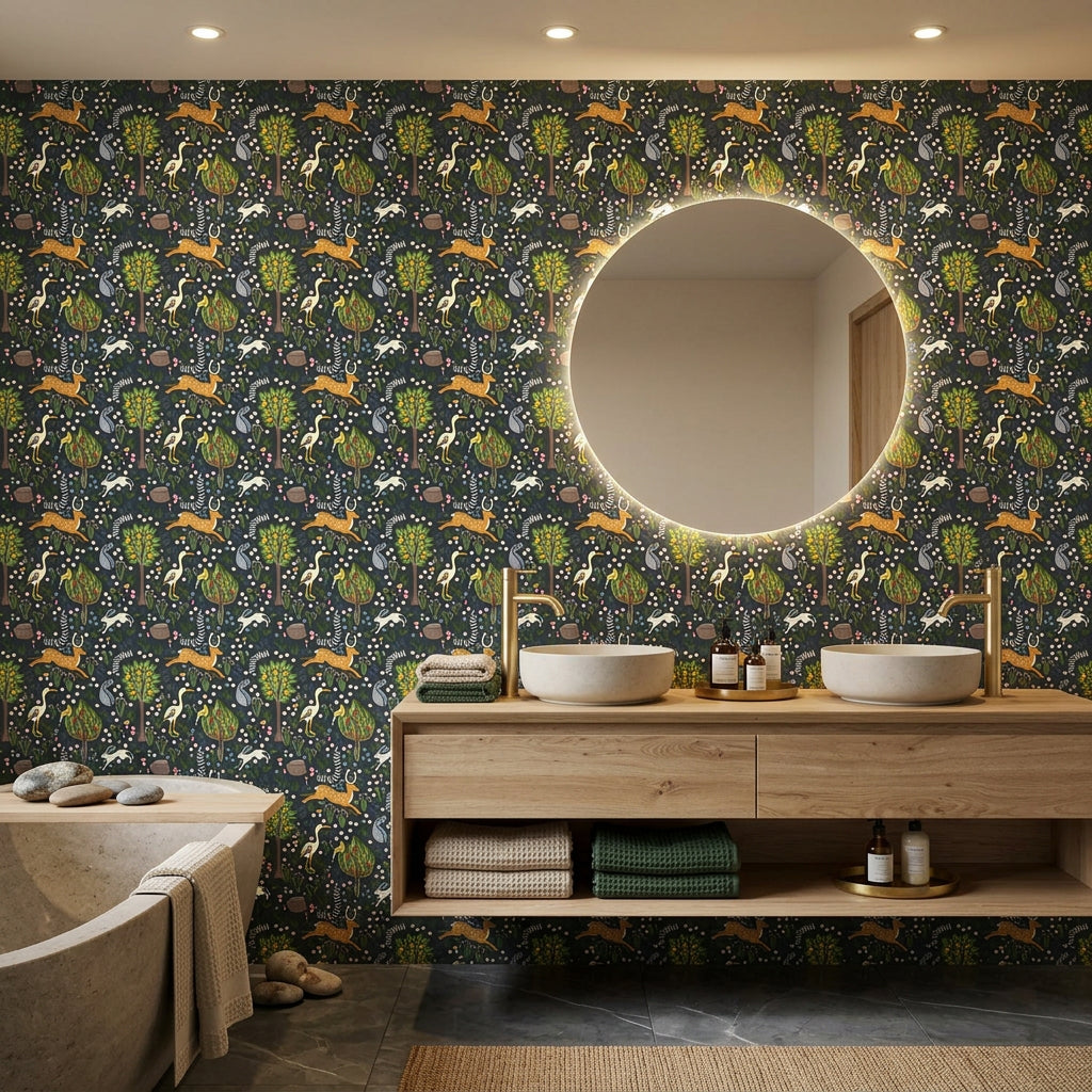 Storybook Forest navy folk woodland wallpaper creating ambiance in a serene bathroom