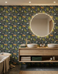 Storybook Forest navy folk woodland wallpaper creating ambiance in a serene bathroom