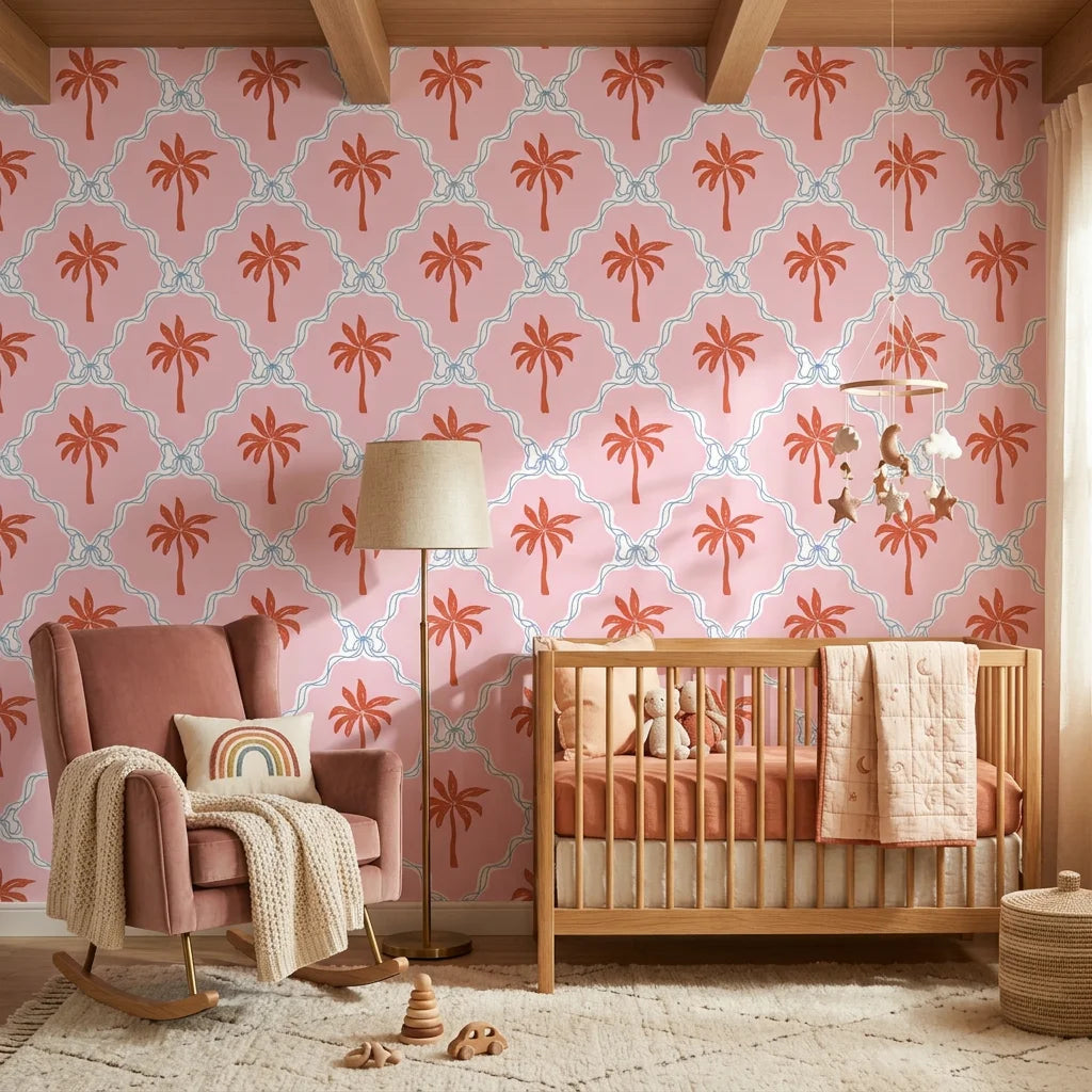 Sugar Palms pastel palm wallpaper in a warm and inviting living room