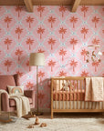 Sugar Palms pastel palm wallpaper in a warm and inviting living room