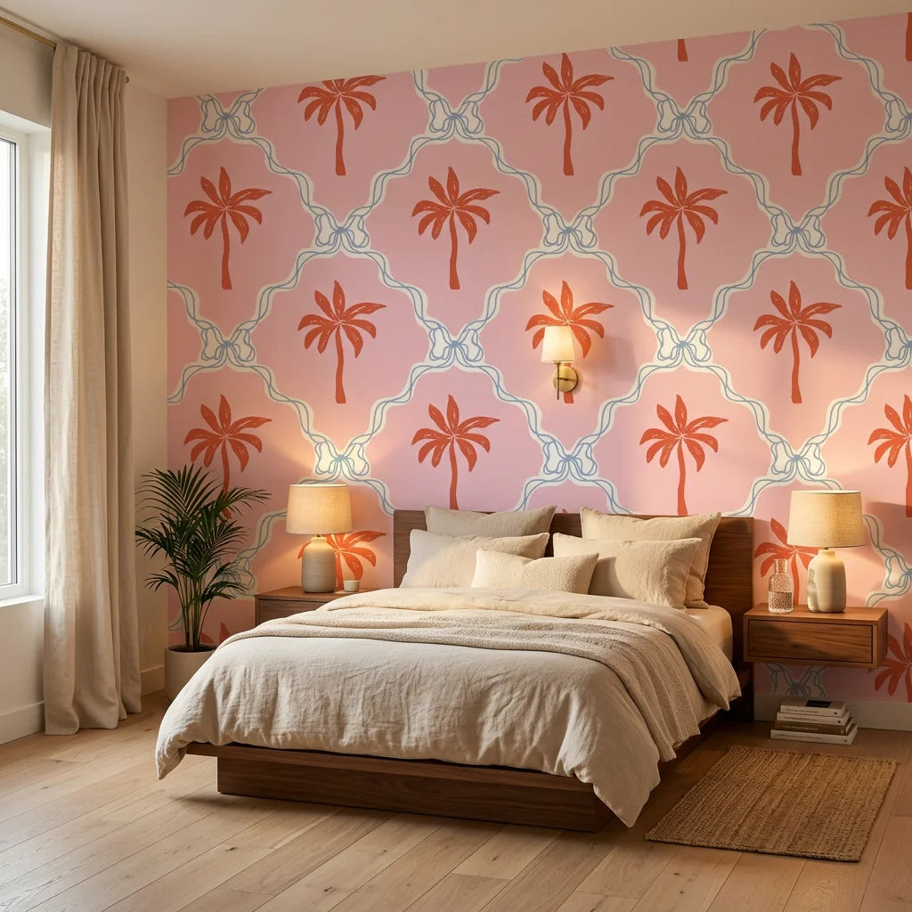 Sugar Palms pastel palm wallpaper adding character to a cozy bedroom