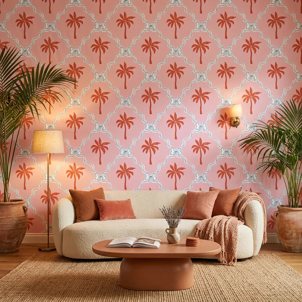 Sugar Palms pastel palm wallpaper as a feature wall in a bright home office