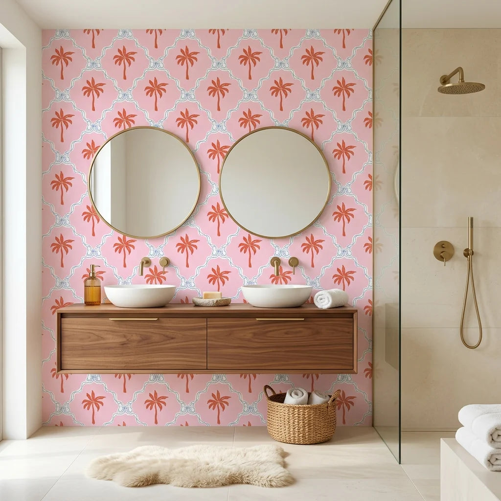 Sugar Palms pastel palm wallpaper creating ambiance in a serene bathroom