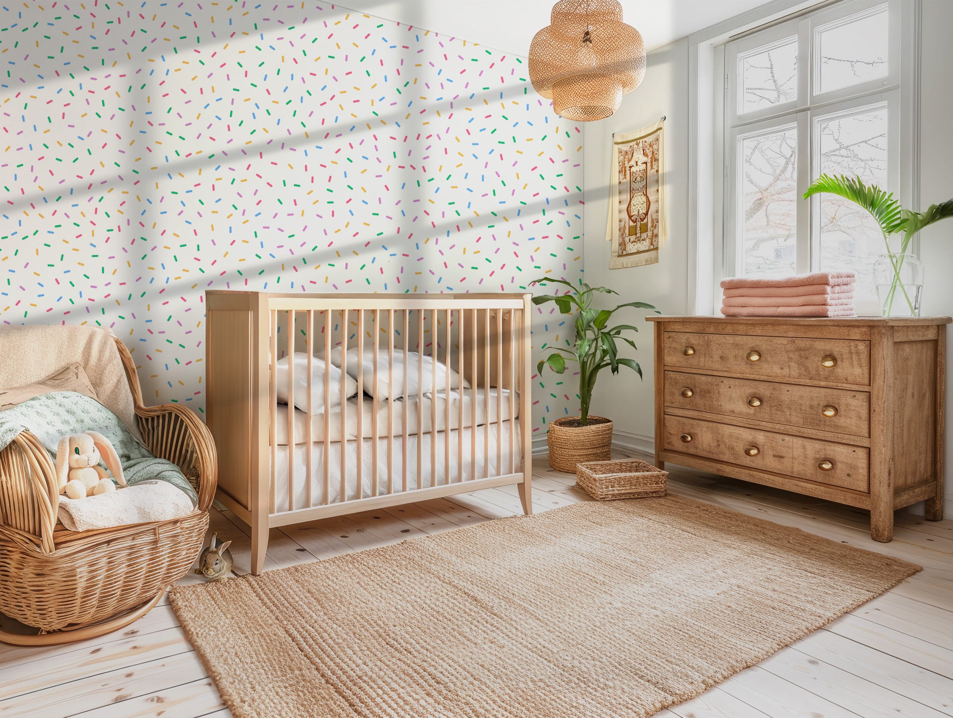 Vibrant, multi-hued sprinkles scattered across a cheerful white background, creating a celebratory wallpaper design