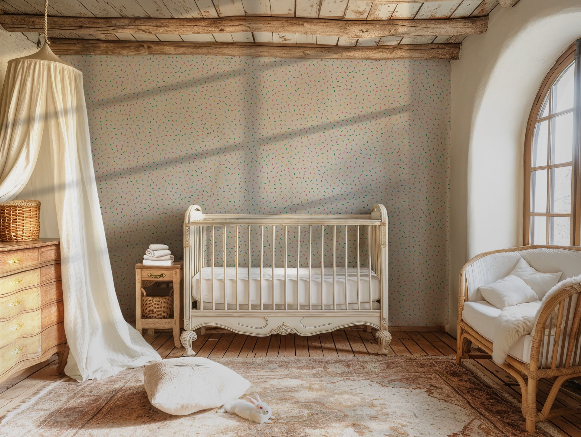 White wallpaper with a cheerful, festive aesthetic created by brightly colored, scattered sprinkles.