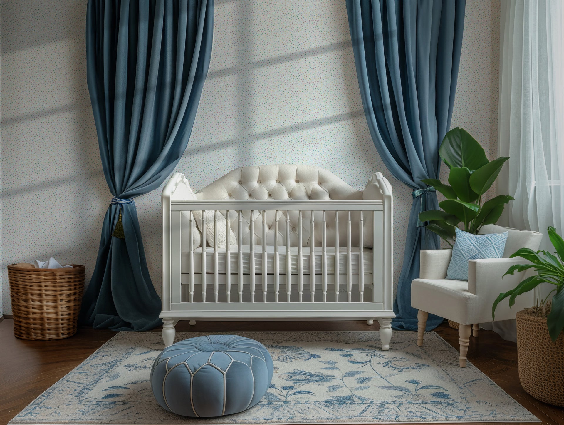 Festive wall covering; white with a dense, colorful splatter of playful, multi-hued candy dots