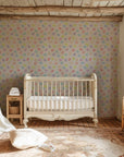 Gentle ivory peel-and-stick wall covering showcasing a recurring motif of light-colored stuffed bear heads - Sugar Dreams