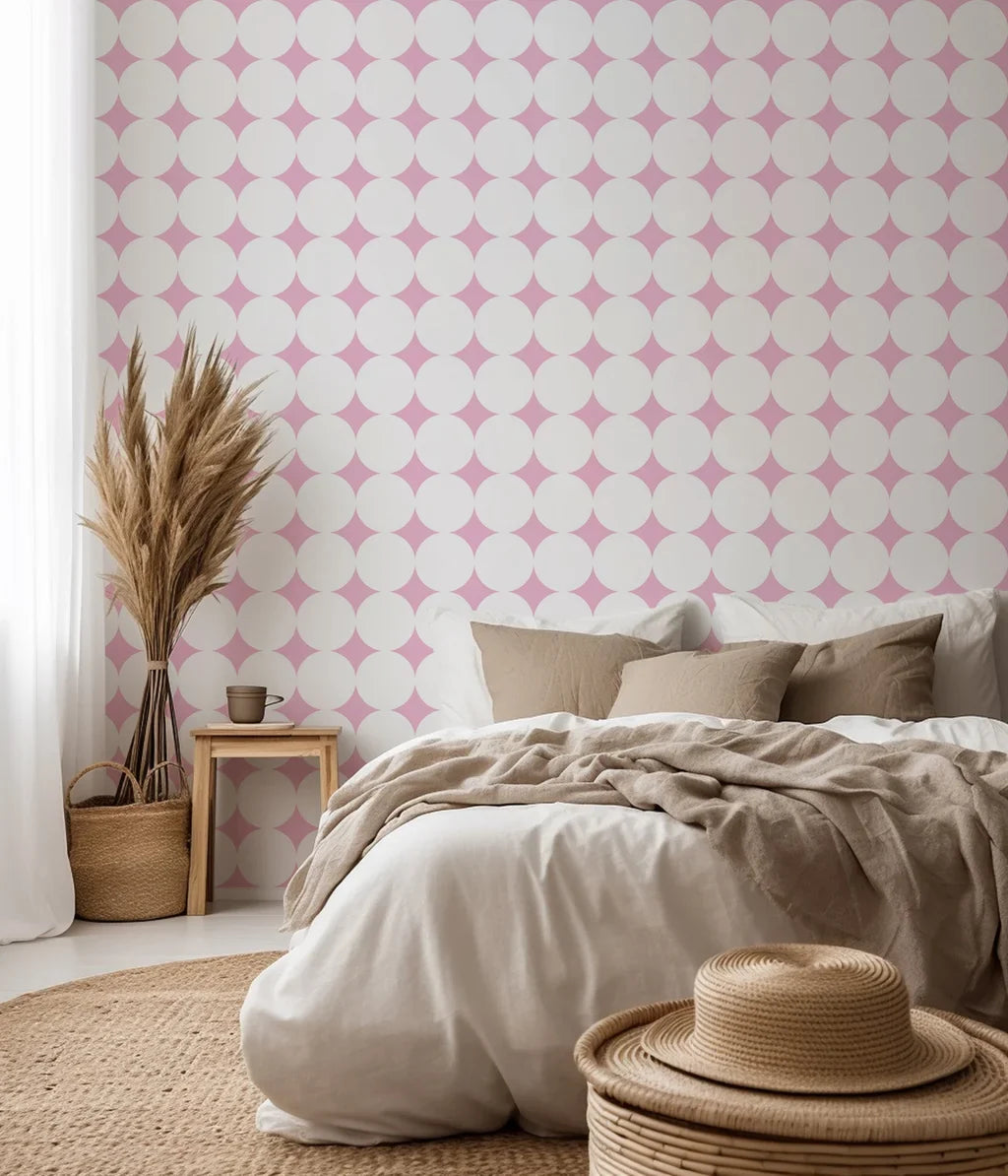 Self-adhesive wallpaper featuring a pink and white geometric circular lattice pattern.