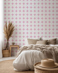 Self-adhesive wallpaper featuring a pink and white geometric circular lattice pattern.