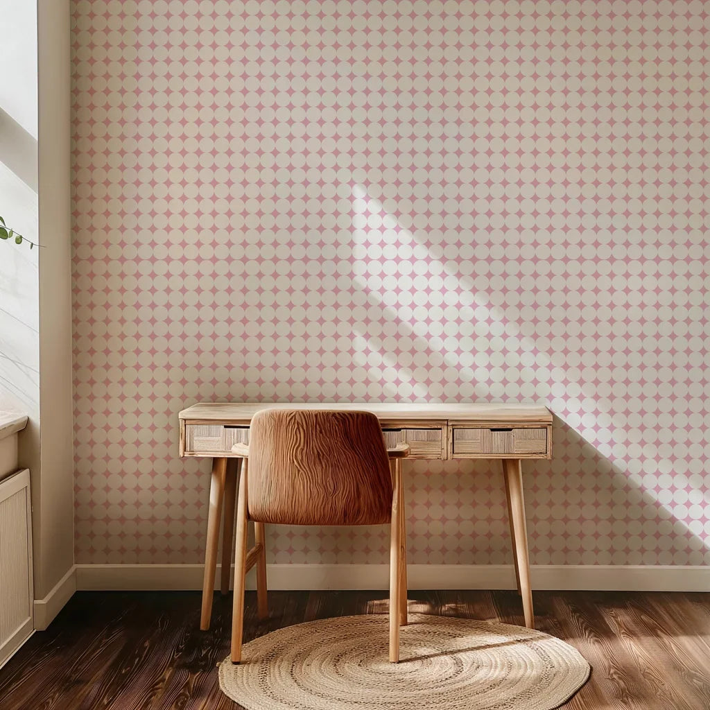 Self-adhesive pink and white geometric wallpaper featuring a circular lattice pattern