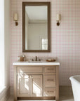 Removable wallpaper featuring a pink and white geometric circle lattice design.