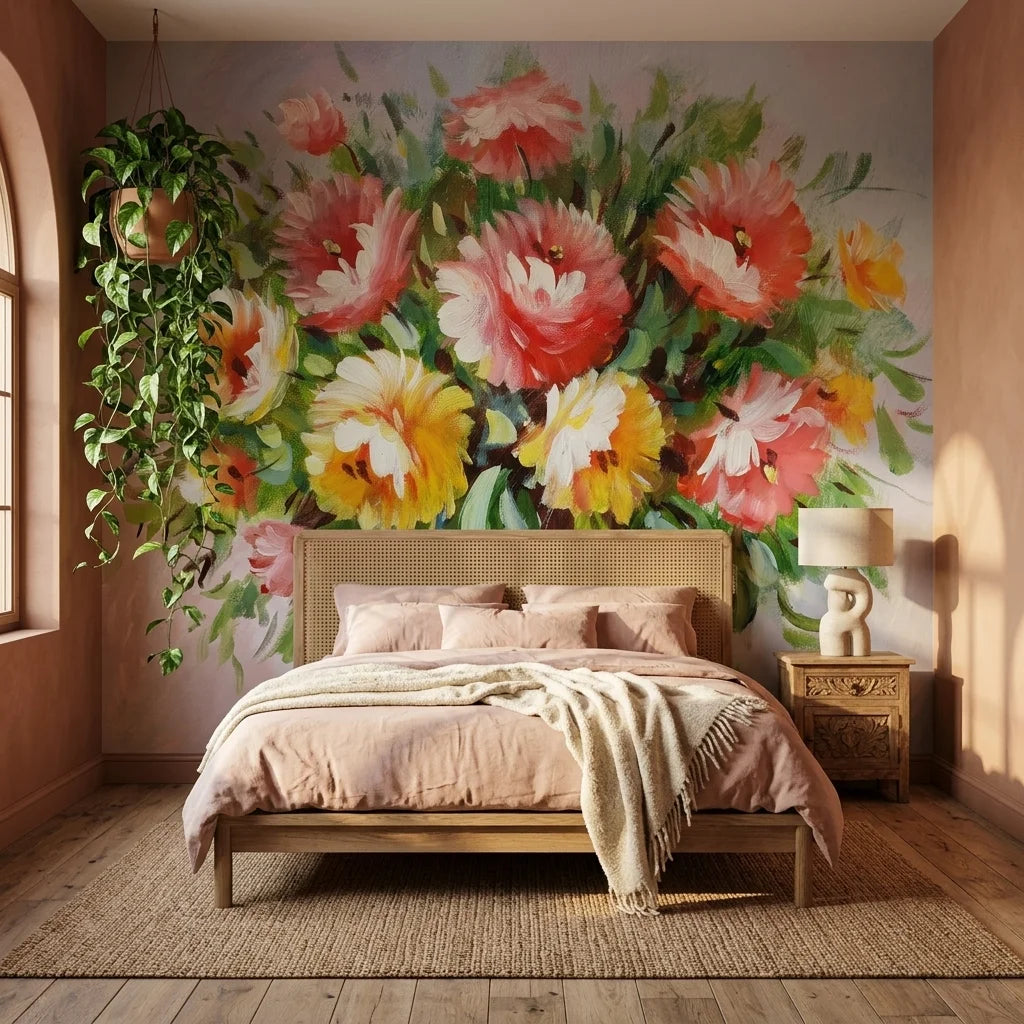 Smooth pink peony and daisy floral bouquet peel and stick wallpaper - Summer Bouquet
