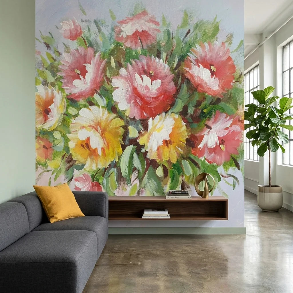 Summer Bouquet elegant pink floral wallpaper in a warm and inviting living room