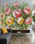 Summer Bouquet elegant pink floral wallpaper in a warm and inviting living room