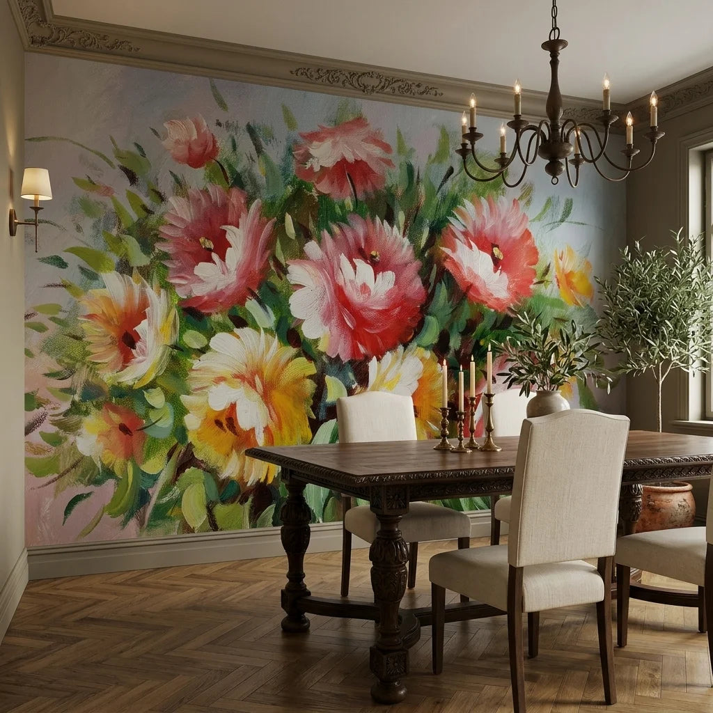 Summer Bouquet elegant pink floral wallpaper adding character to a cozy bedroom