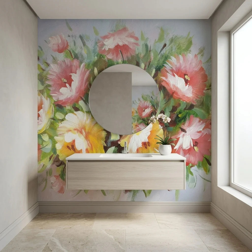 Summer Bouquet elegant pink floral wallpaper as a feature wall in a bright home office