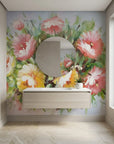 Summer Bouquet elegant pink floral wallpaper as a feature wall in a bright home office