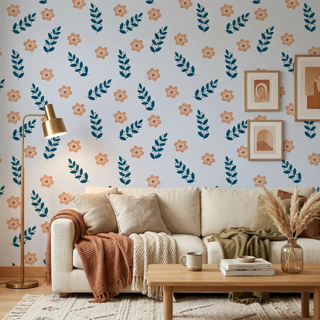 Summer Story vibrant coastal floral wallpaper in a warm and inviting living room