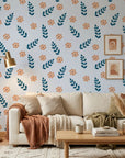 Summer Story vibrant coastal floral wallpaper in a warm and inviting living room